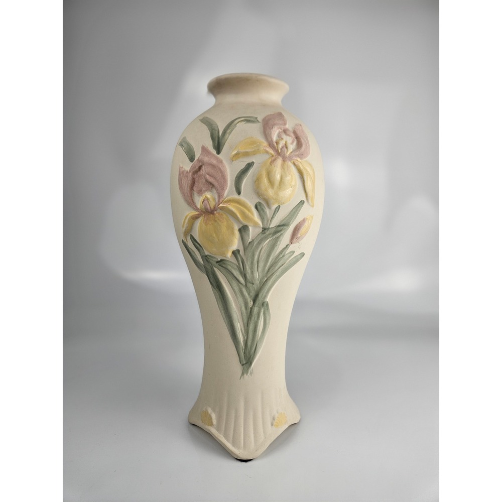 Vtg Harris Potteries Ceramic Vase Embossed Iris Flowers Cream Floral‎ Home Decor